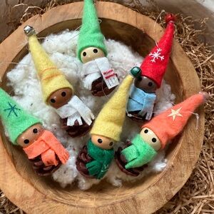 Set of 6 Colorful Felt Elf Pine Cone Ornaments